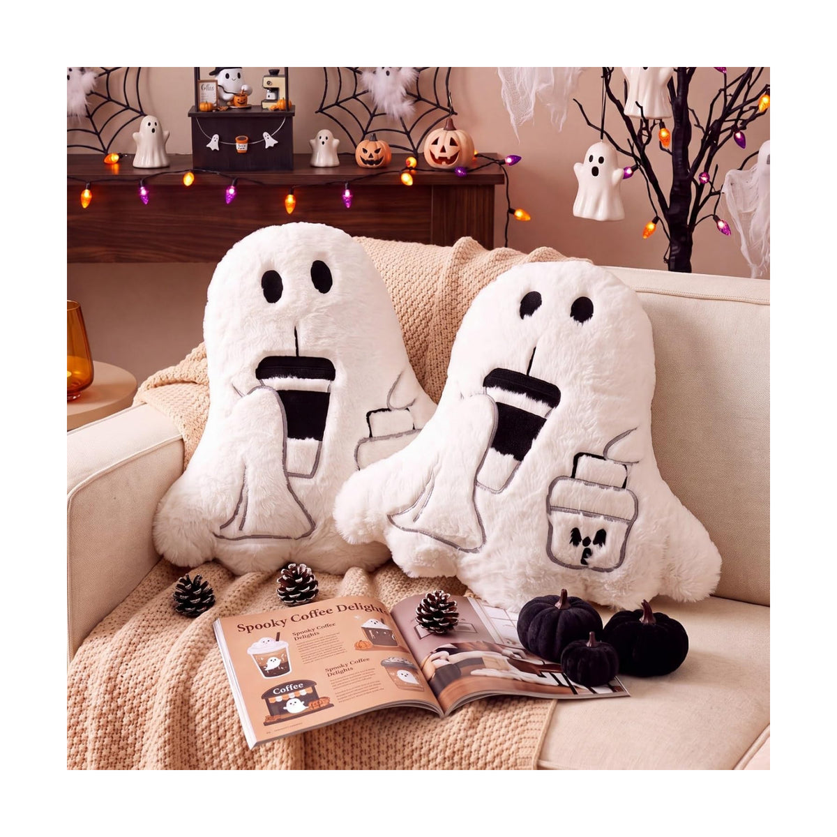 Konohan 2 Pcs Halloween Coffee Ghost Throw Pillows Ghost Shaped Stuffed