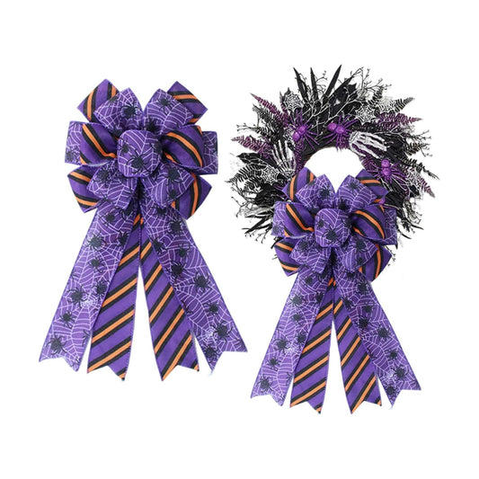 1 Pcs Large Purple Halloween Wreath Bow - Black Spider & Spider Web with Orange Stripes Wired Ribbon Bows, Spooky Halloween Bow for Front Door, Tree Topper, Party Decor (Purple Spider Bow)