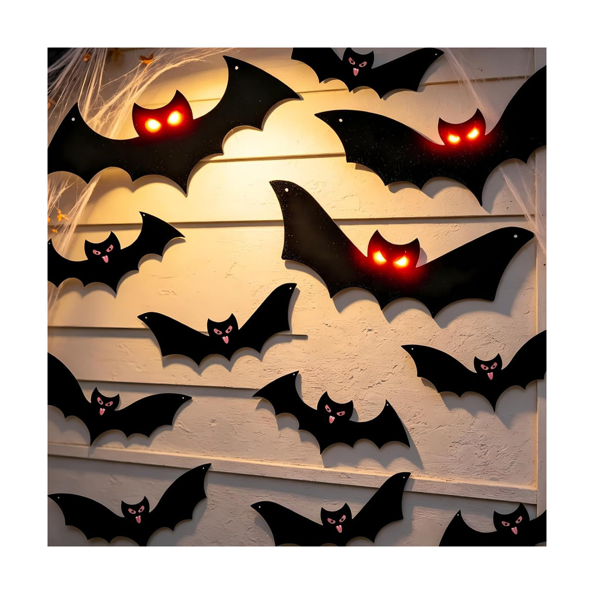 Lighted Halloween Hanging Bats, 12 Pack Halloween Decorations Outdoor Scary Large Black Hanging Flying Bat with LED Lights Spooky Glow Eyes Waterproof for Bedroom Window Wall Decor Indoor Clearance