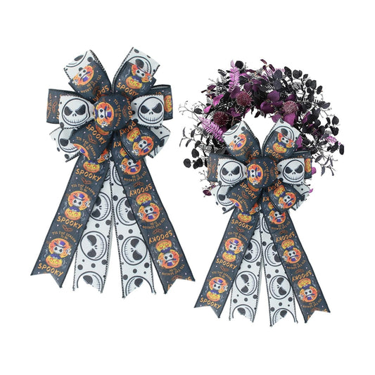 1 Pcs Large Halloween Wreaths Bow - Spooky Skeleton & Pumpkin Print Bow for Wreaths, Indoor Outdoor Decor, Halloween Party Supplies Gifts (Skeleton & Pumpkin Bow)