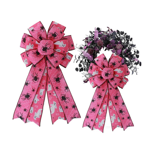 1 Pcs Large Pink Halloween Wreath Bow - Black Spiders & White Ghosts with Boo Print Wired Bow, Cute Spooky Halloween Bow for Front Door, Party Decor (Pink Spider Bow)