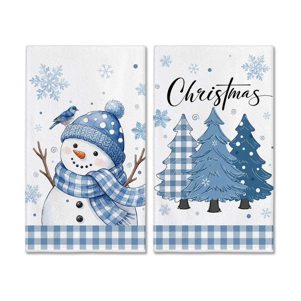 Hexagram Christmas Kitchen Towels, Blue Plaid Snowman Christmas Hand Towels
