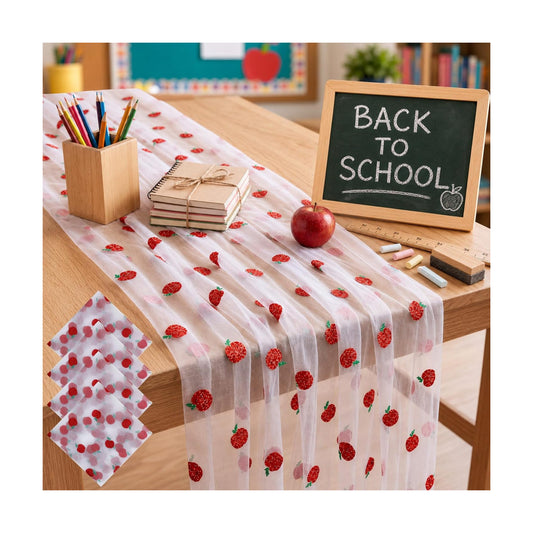 4 Pcs Back to School Apple Table Runner 29x70 in Glitter Tulle