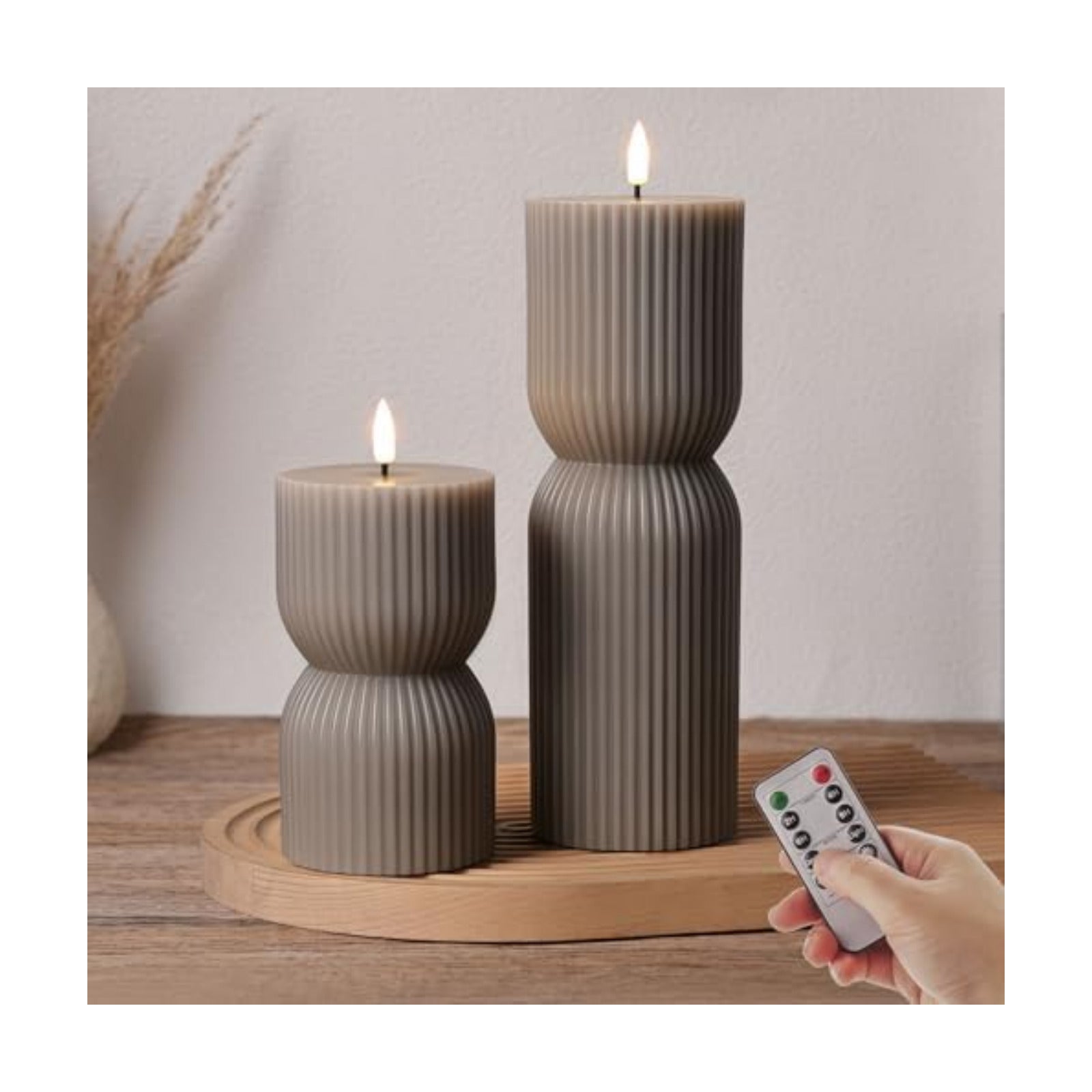 Taupe Ribbed Flameless Pillar Candles with Remote Set of 2