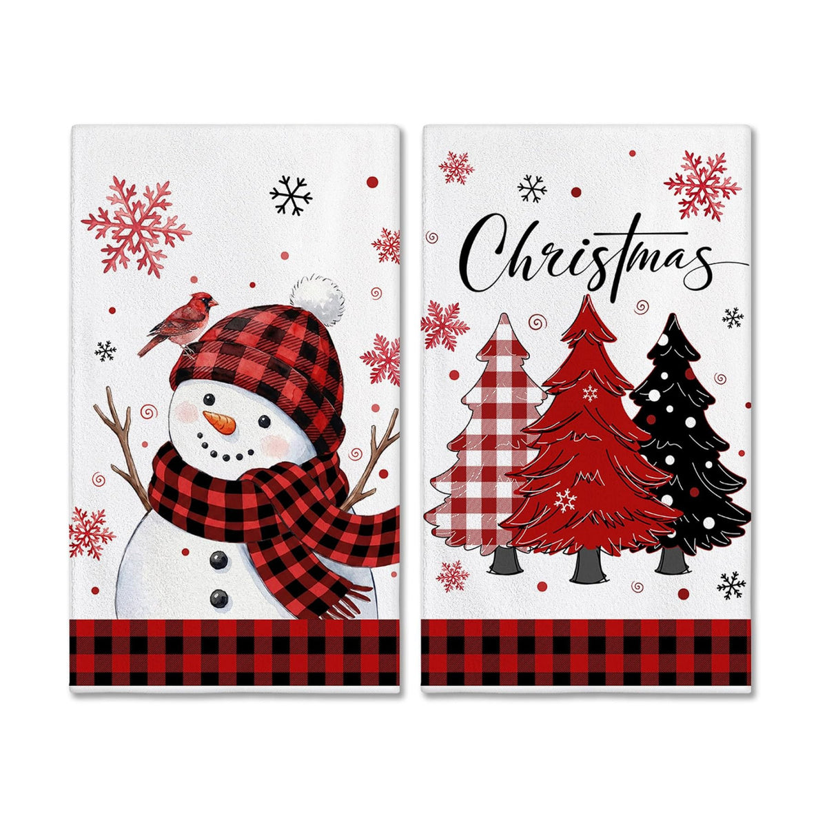 Hexagram Christmas Kitchen Towels, Red Plaid Snowman Christmas Decorations