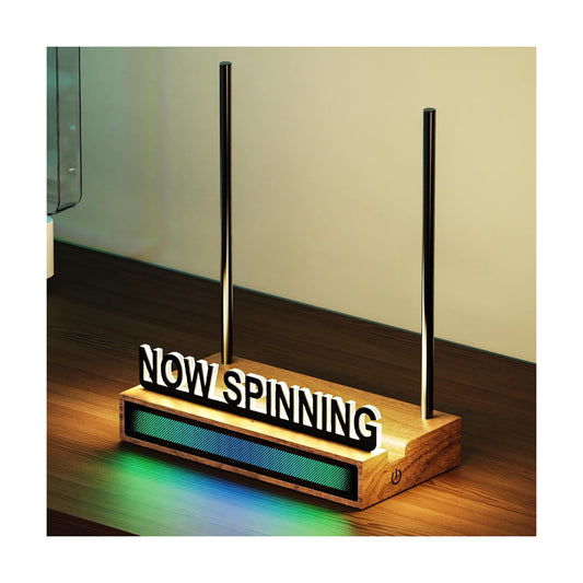 Now Spinning Vinyl Record Stand, Light Up Wooden Acrylic Album Display Holder with RGB Sound-Control Rhythm Lights