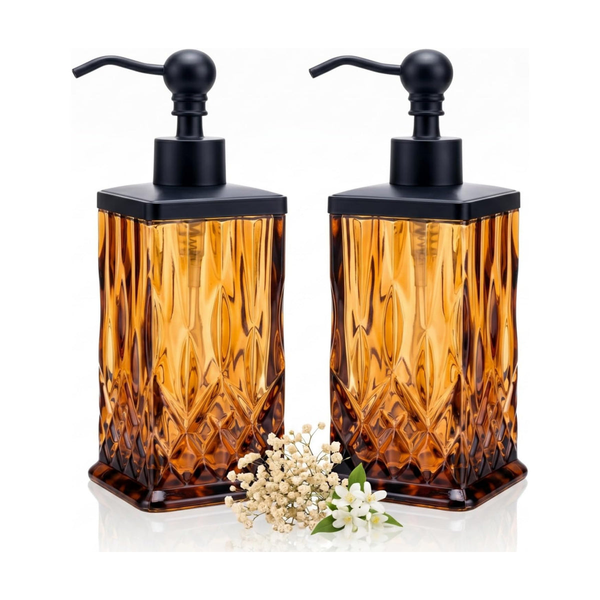 2 Pack 10Oz Amber Soap Dispenser, Square Thick Glass | Featured texture pattern, for lotion,hand soap or body wash for