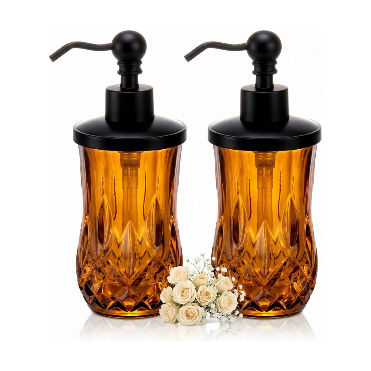 2 Pack 9Oz Amber Soap Dispenser, Round Thick Glass | Featured texture pattern, for lotion,hand soap or body wash for