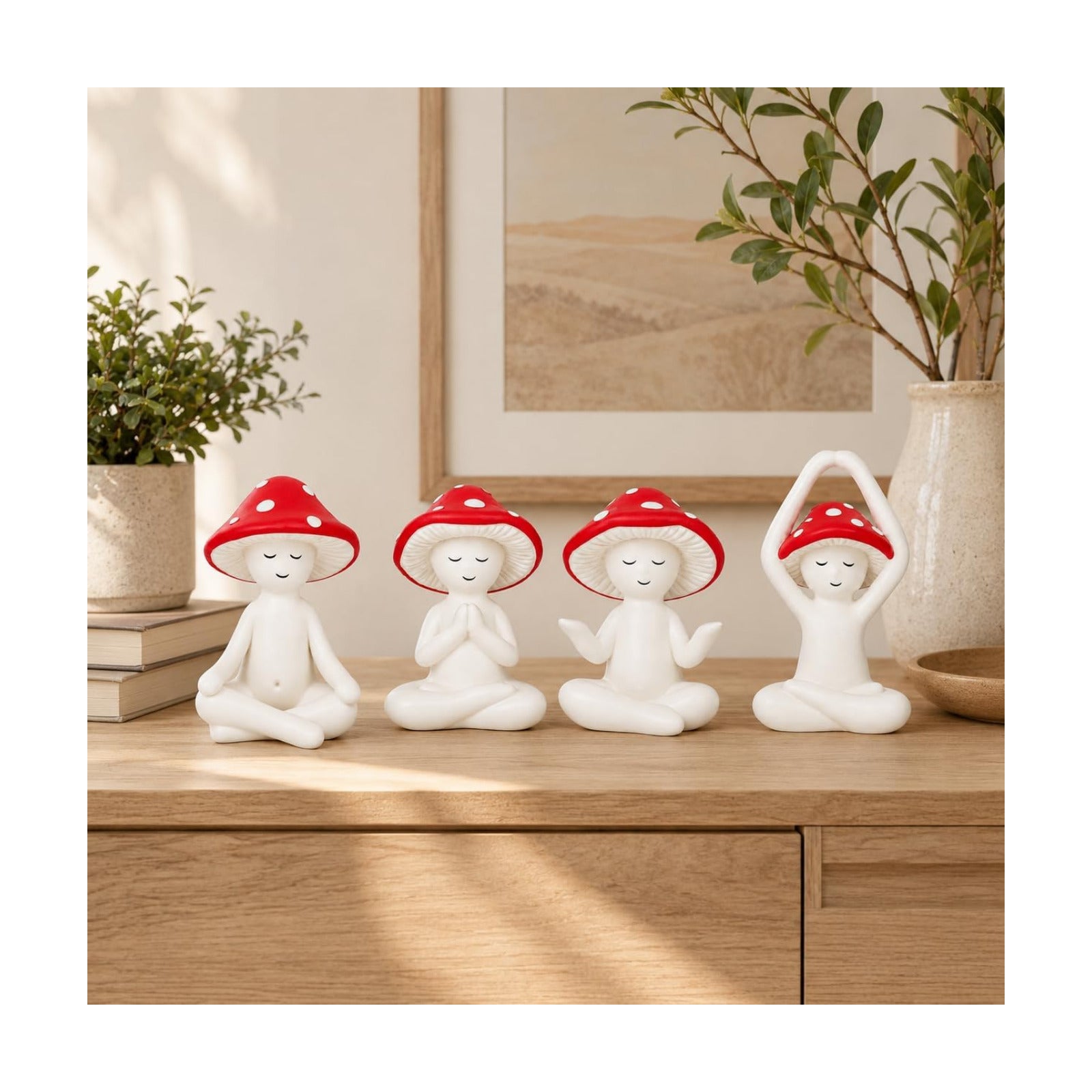 Meditation Mushroom Statue Yoga Mushroom Figurine Tabletop Decor / Red / Set of 4