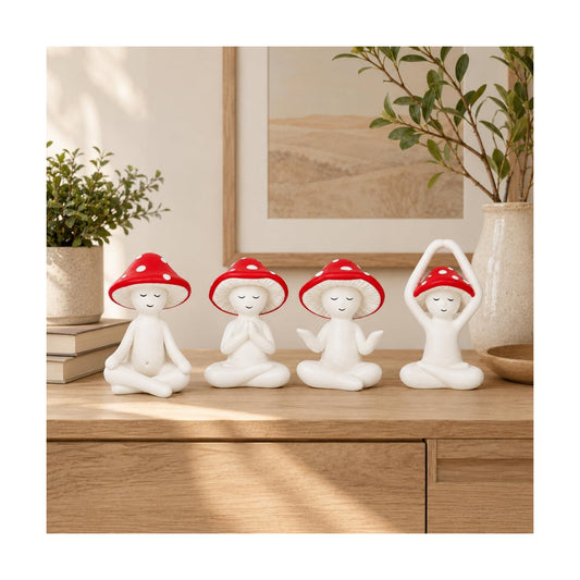 Meditation Mushroom Statue Yoga Mushroom Figurine Tabletop Decor / Red / Set of 4