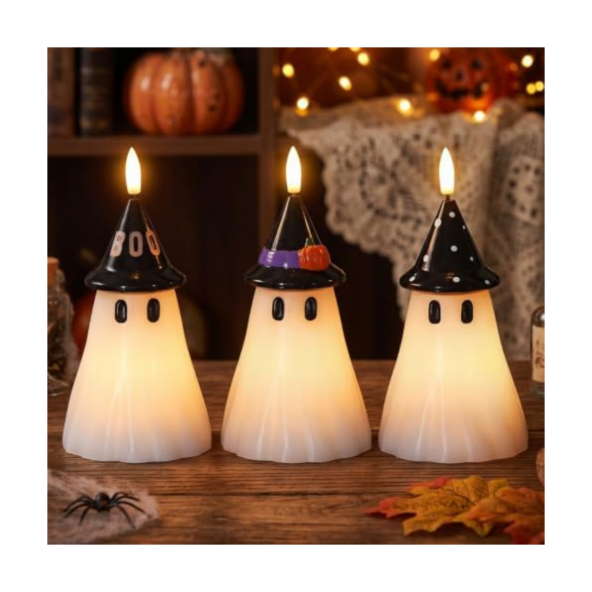 Halloween Decor Flameless Ghost Candles with Witch Hat, 3PCS