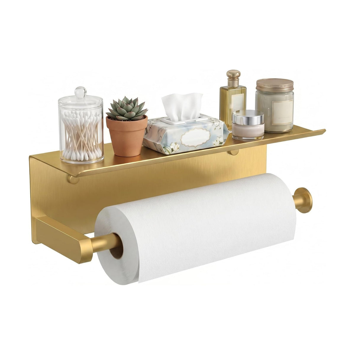 FORIOUS Wall Mount Paper Towel Holder with Shelf for Kitchen, Brushed Gold | Heavy Duty SUS304 Stainless Steel Paper