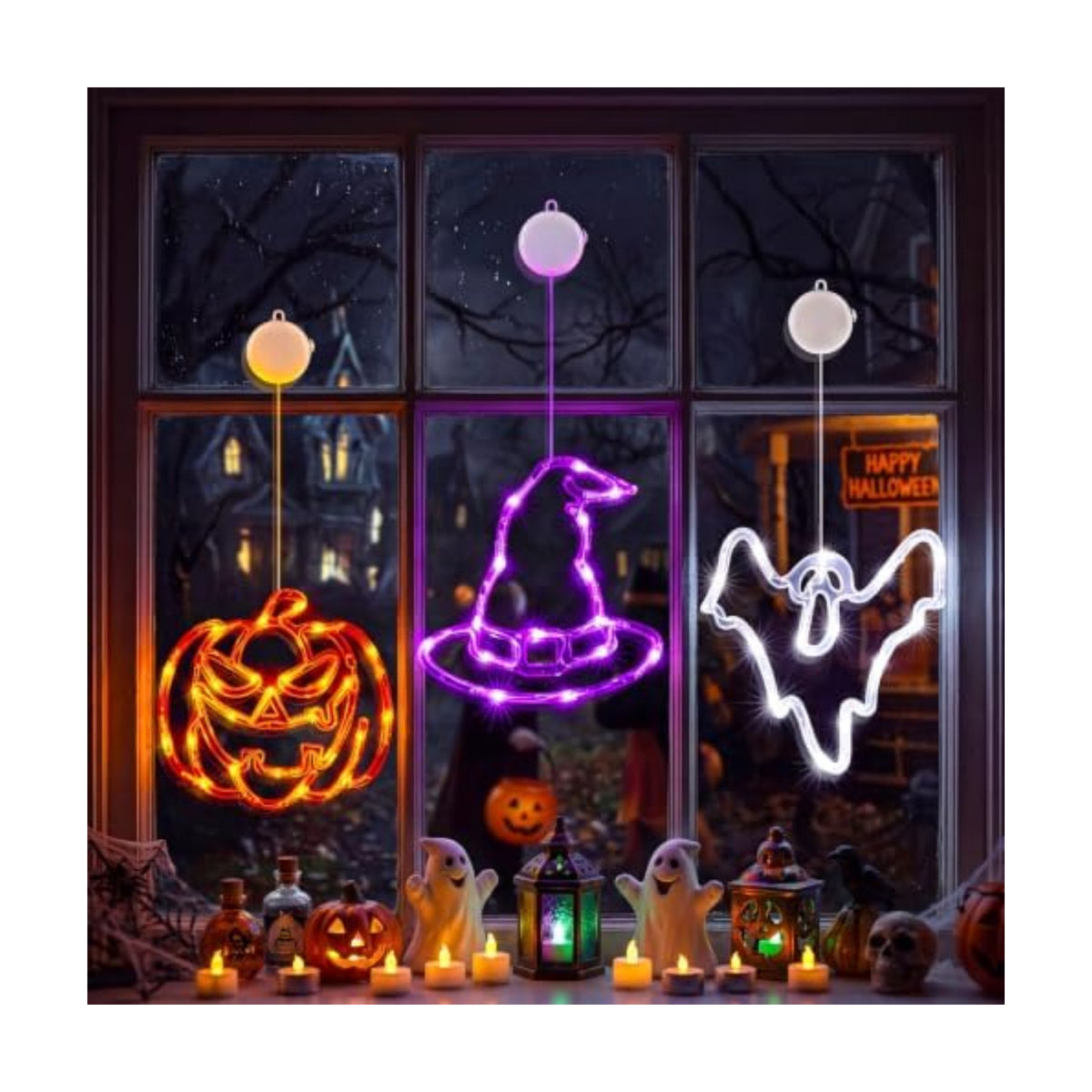 Minetom 3 Pack Halloween Windows Lights - Pumpkin, Ghost, Hat with Timer