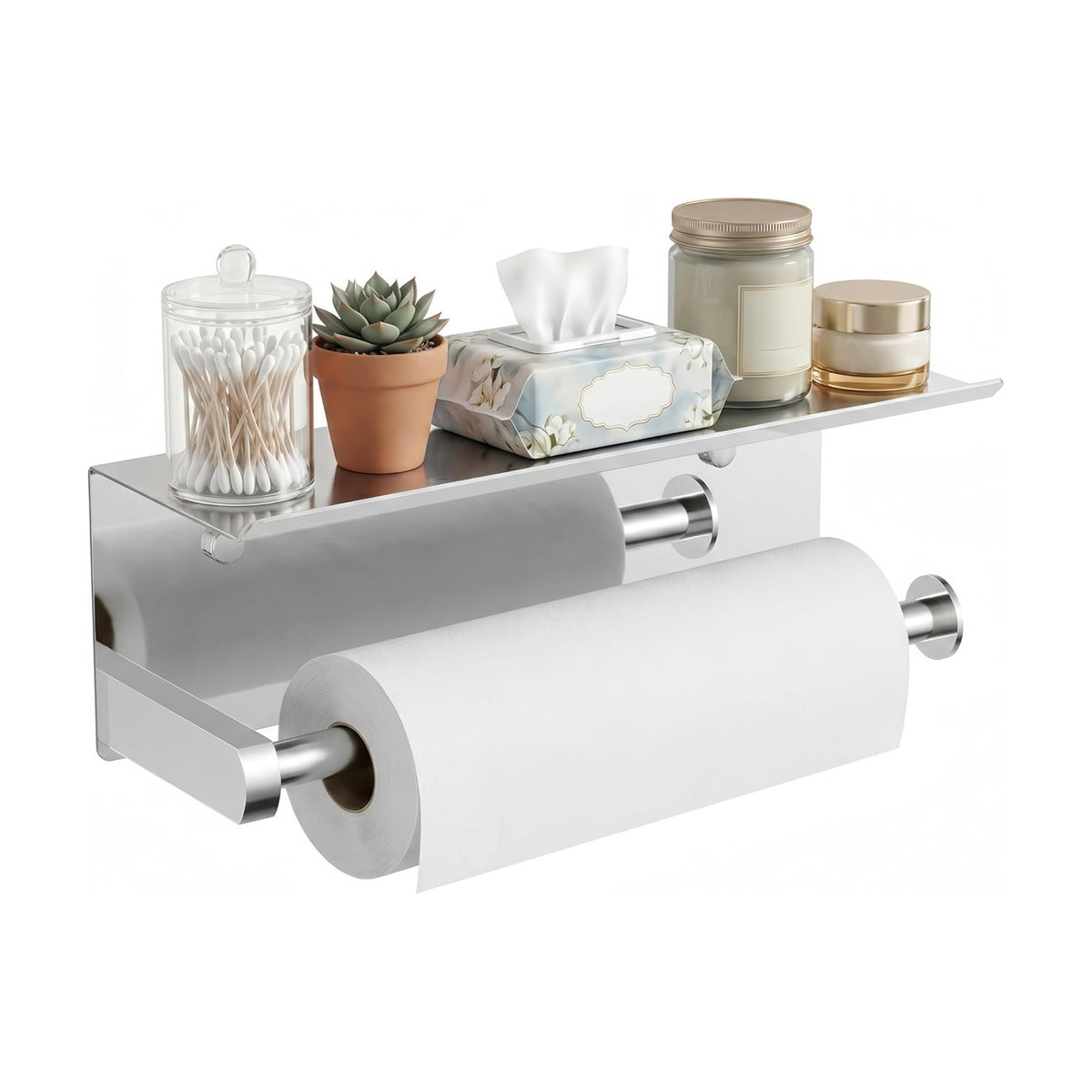 FORIOUS Wall Mount Paper Towel Holder with Shelf for Kitchen, Chrome | Heavy Duty SUS304 Stainless Steel Paper Roll