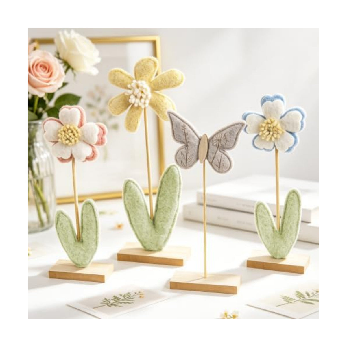 SUNBEAUTY Flower Centerpieces for Tables Felt Flower Butterfly Tabletop Decor with Wooden Base Boho Nursery Baby Girl Shelf Decor