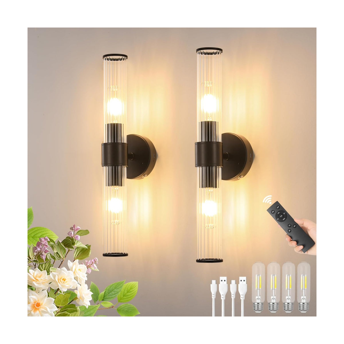 Morauroral Black Battery Operated Wall Sconces Set of 2 | Rechargeable Wall Lights with Remote, 20 Inch Modern Wireless