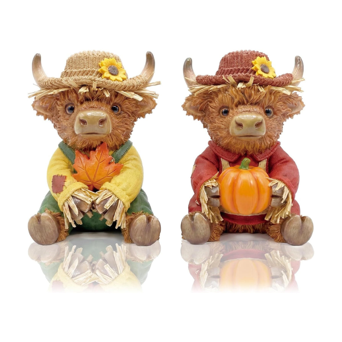 Simgoing 2 Pcs Fall Thanksgiving Highland Cow Resin Scarecrow Cow Decor