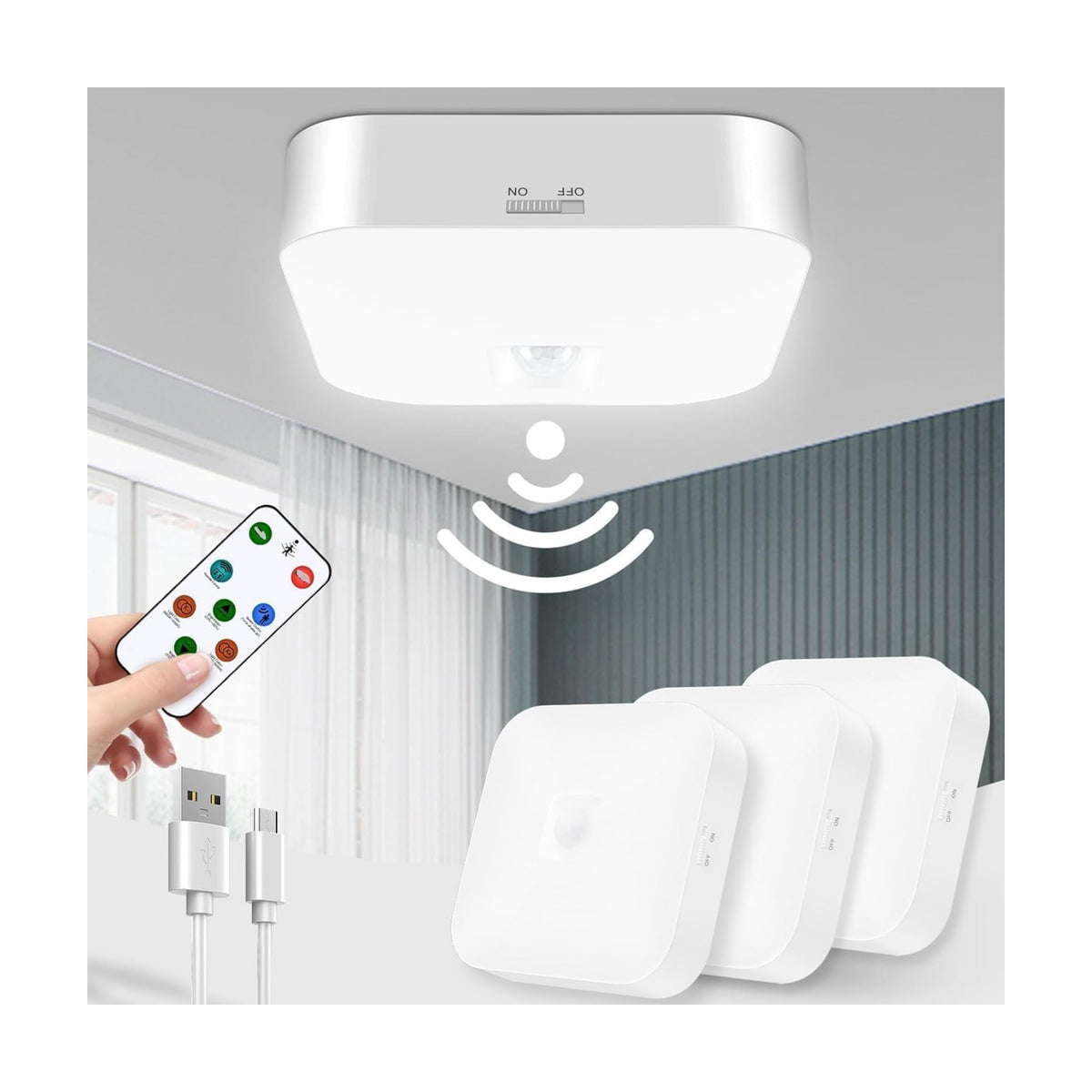 Rechargeable Motion Sensor Ceiling Light with Remote, 3000K-6000K 3 Pack | Wireless, Battery Operated, Motion