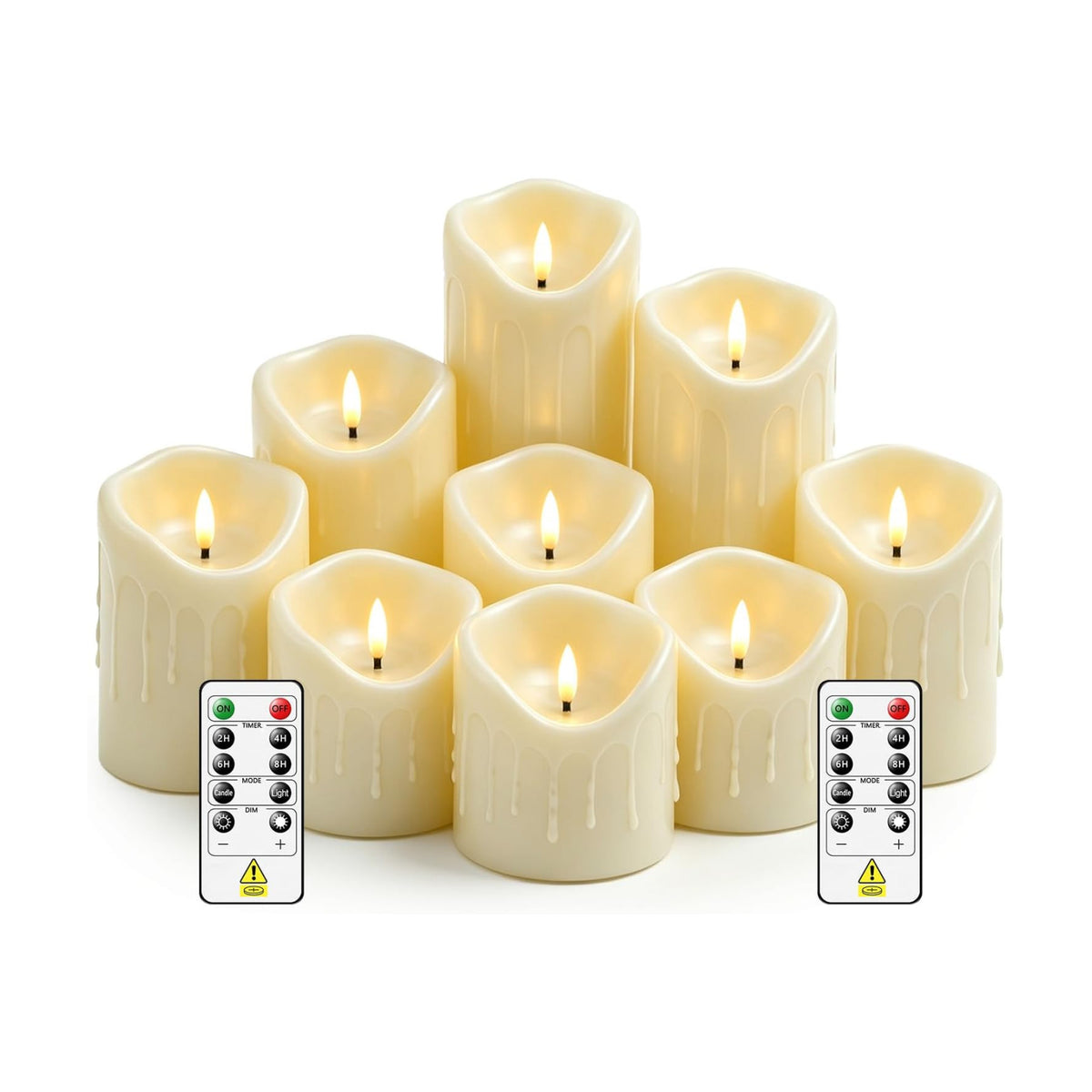 9 Pcs Flickering Flameless LED Pillar Candles, (D 3" x H 3" 4" 5" 6" 7") Battery Operated with Remote Plastic Wax Drip