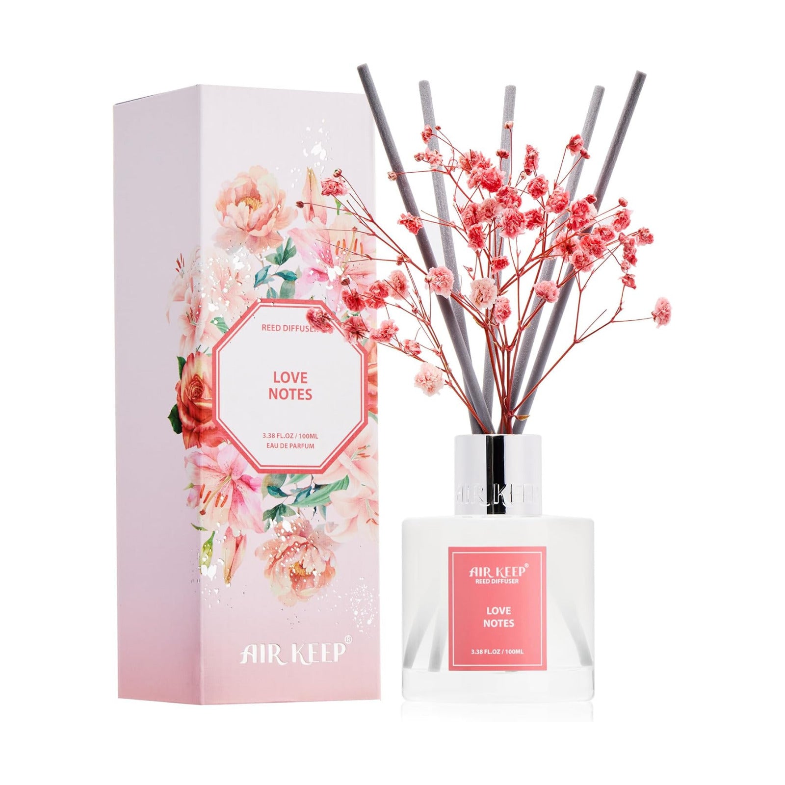 Airkeep Reed Diffuser Set,3.38 fl oz (100 ml) - Love Notes Oil Diffusers with 8 Reed Sticks, Home Fragrance Reed