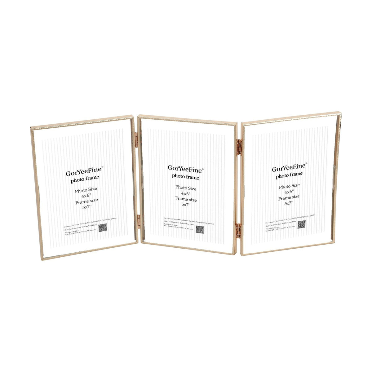 5x7 Triple Floating Frame,Metal Beaded Edge,Gold | Tempered glass, adjustable tabletop/shelf photo frame, for photo
