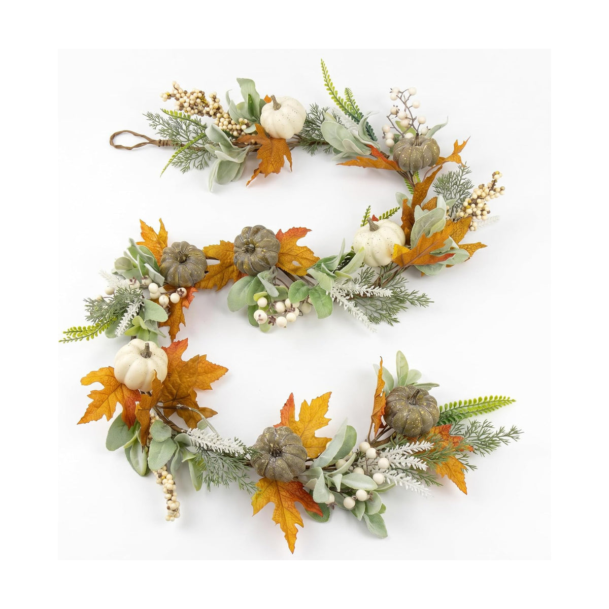 JINGHONG 6FT Fall Garland for Mantle with Pumpkins Berries Lamb Ears Leaves Thanksgiving Vine Pumpkin Garlands for Autumn Harvest Table Centerpieces Fall Decorations for Home Porch Fireplace Decor