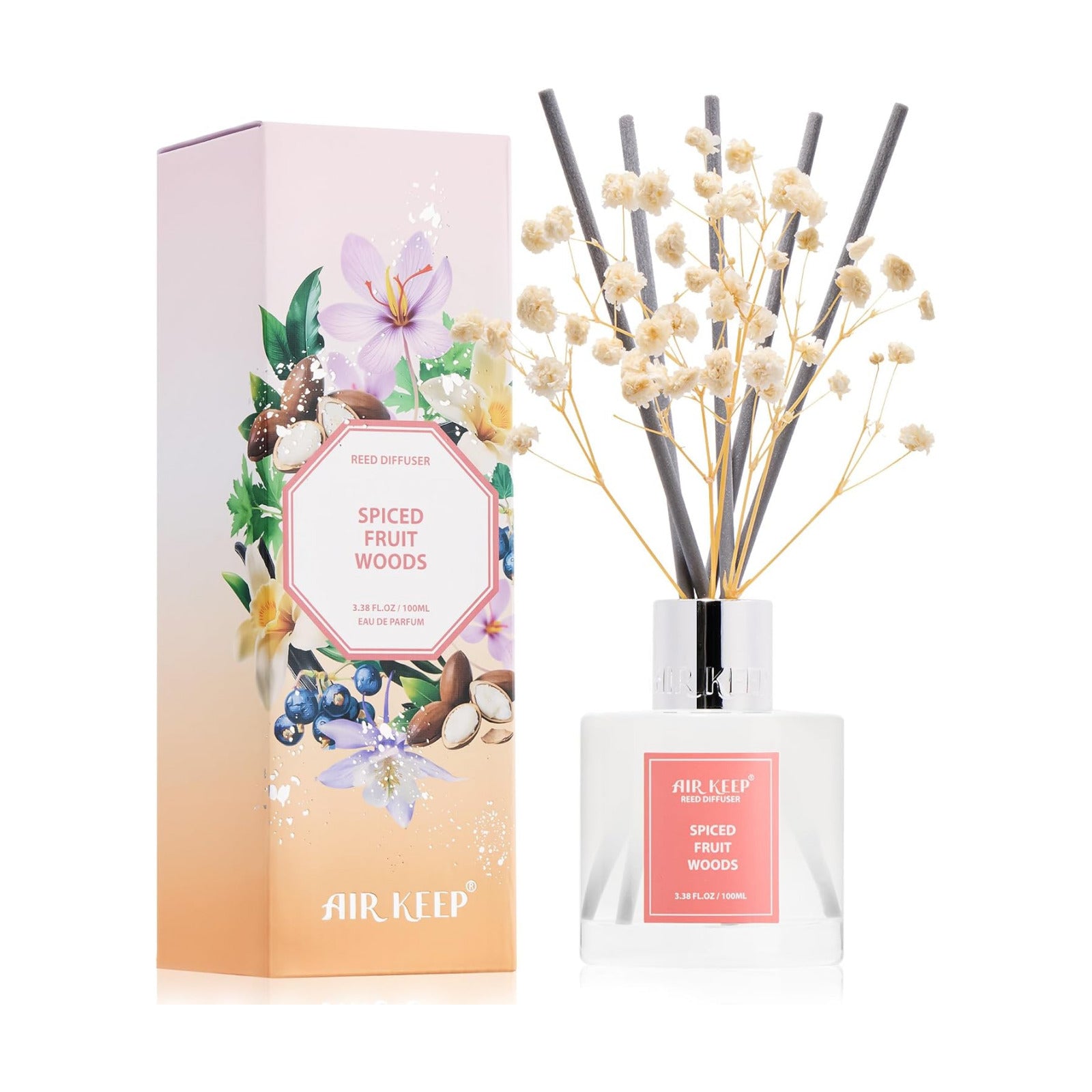 Airkeep Reed Diffuser Set,3.38 fl oz (100 ml) - Spiced Fruit Woods Oil Diffusers with 8 Reed Sticks, Home Fragrance