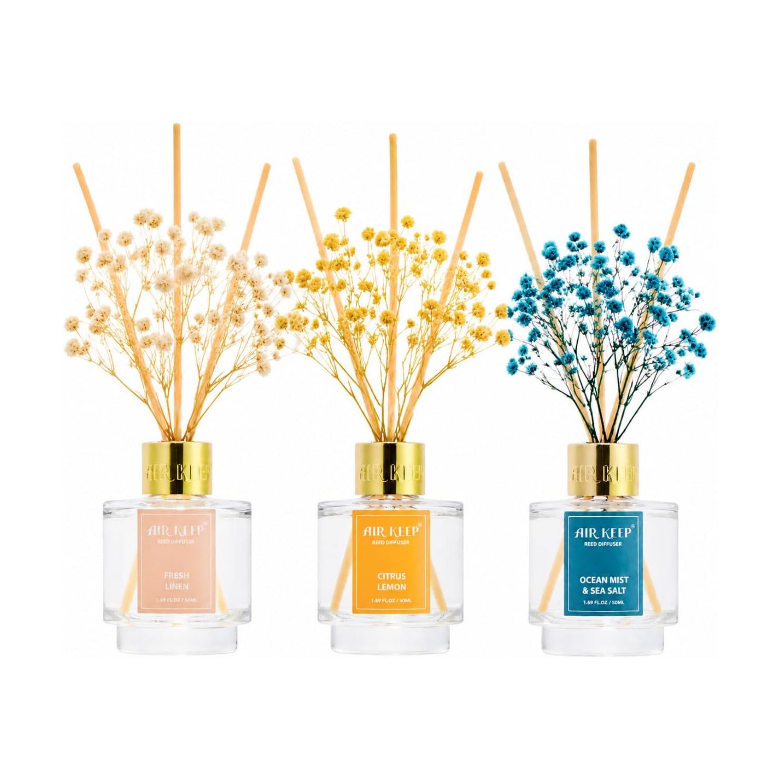 Airkeep Reed Diffuser Set of 3,Fresh Linen Ocean Mist&Sea Salt Citrus Lemon Oil Reed Diffusers for Bedroom Living Room