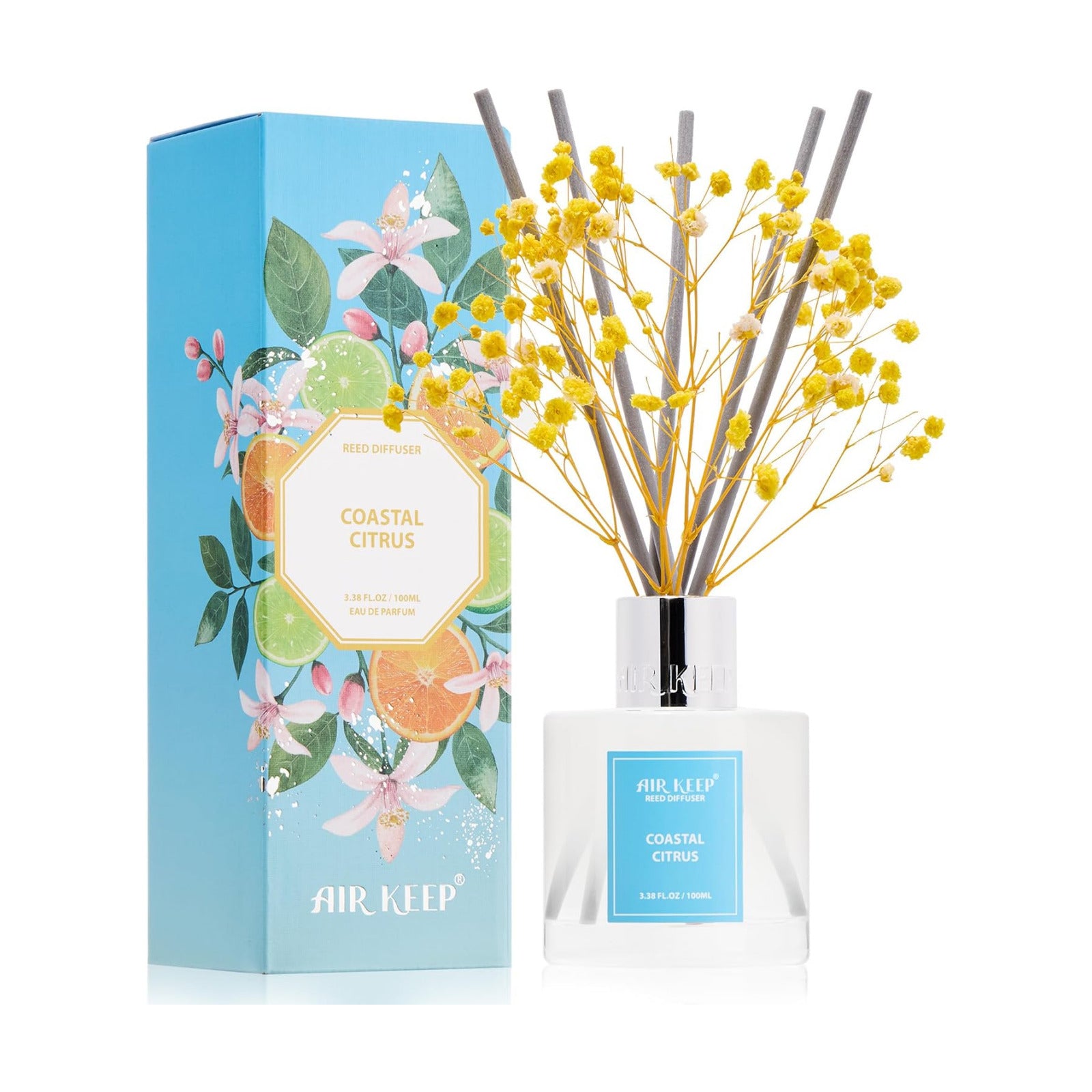 Airkeep Reed Diffuser Set,3.38 fl oz (100 ml) - Coastal Citrus Oil Diffusers with 8 Reed Sticks, Home Fragrance Reed