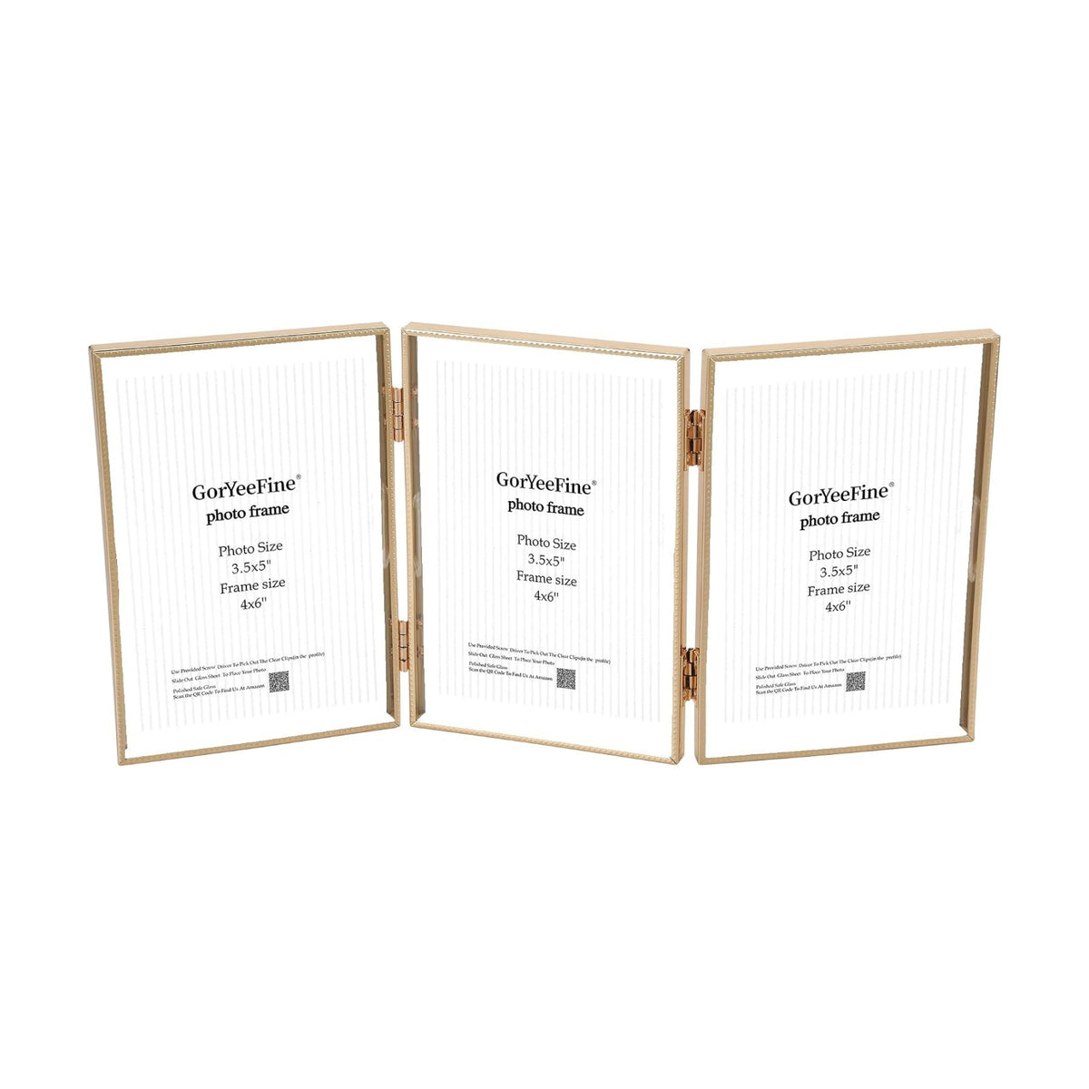 4x6 Triple Floating Frame,Metal Beaded Edge,Gold | Tempered glass, adjustable tabletop/shelf photo frame, for photo