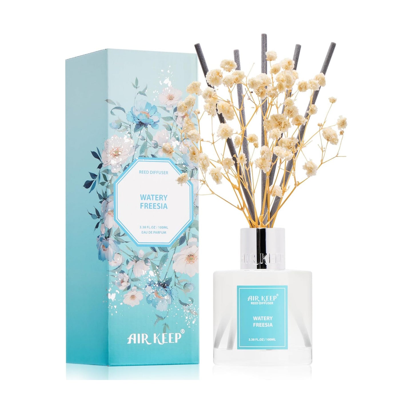 Airkeep Reed Diffuser Set,3.38 fl oz (100 ml) - Watery Freesia Oil Diffusers with 8 Reed Sticks, Home Fragrance Reed
