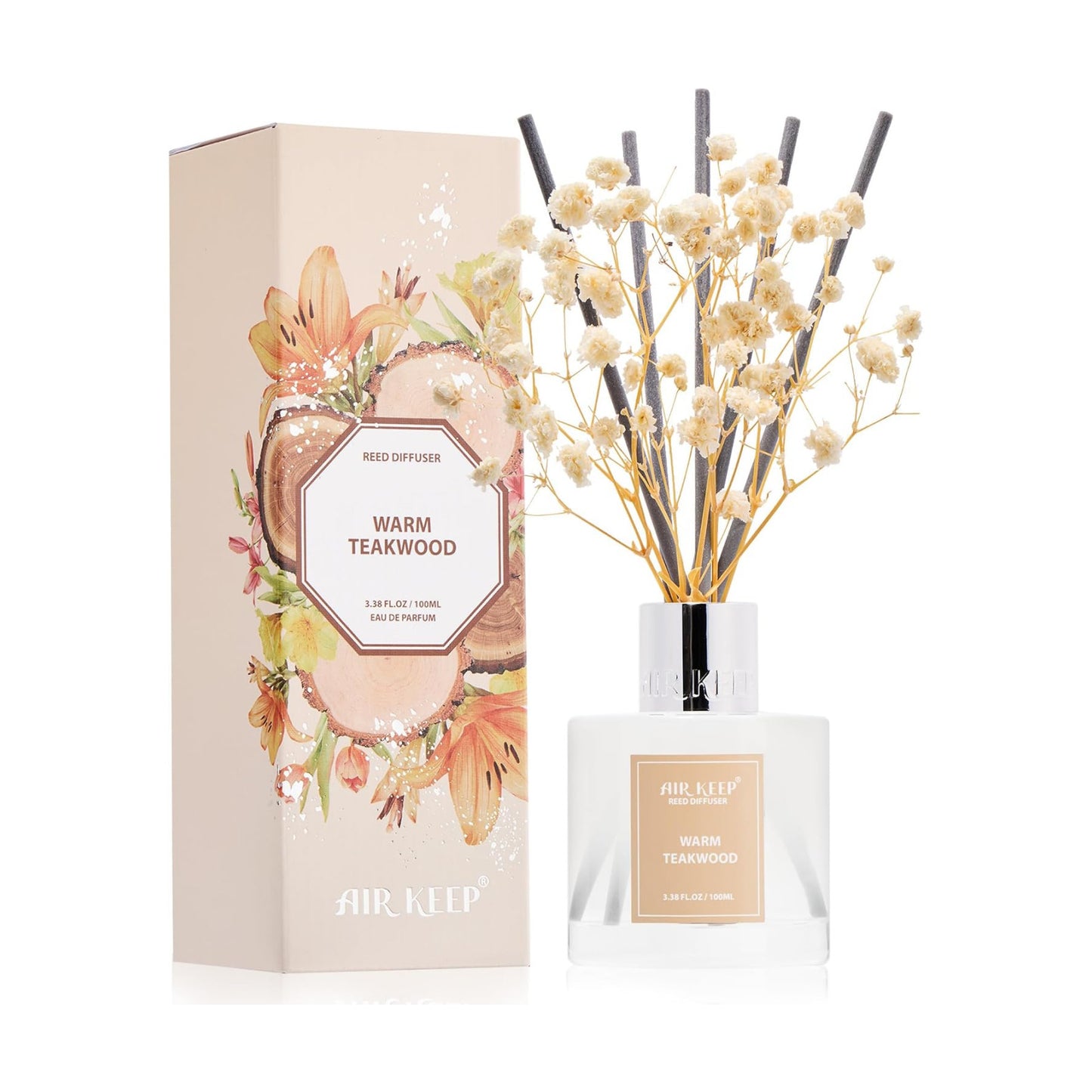 Airkeep Reed Diffuser Set,3.38 fl oz (100 ml) - Warm Teakwood Oil Diffusers with 8 Reed Sticks, Home Fragrance Reed