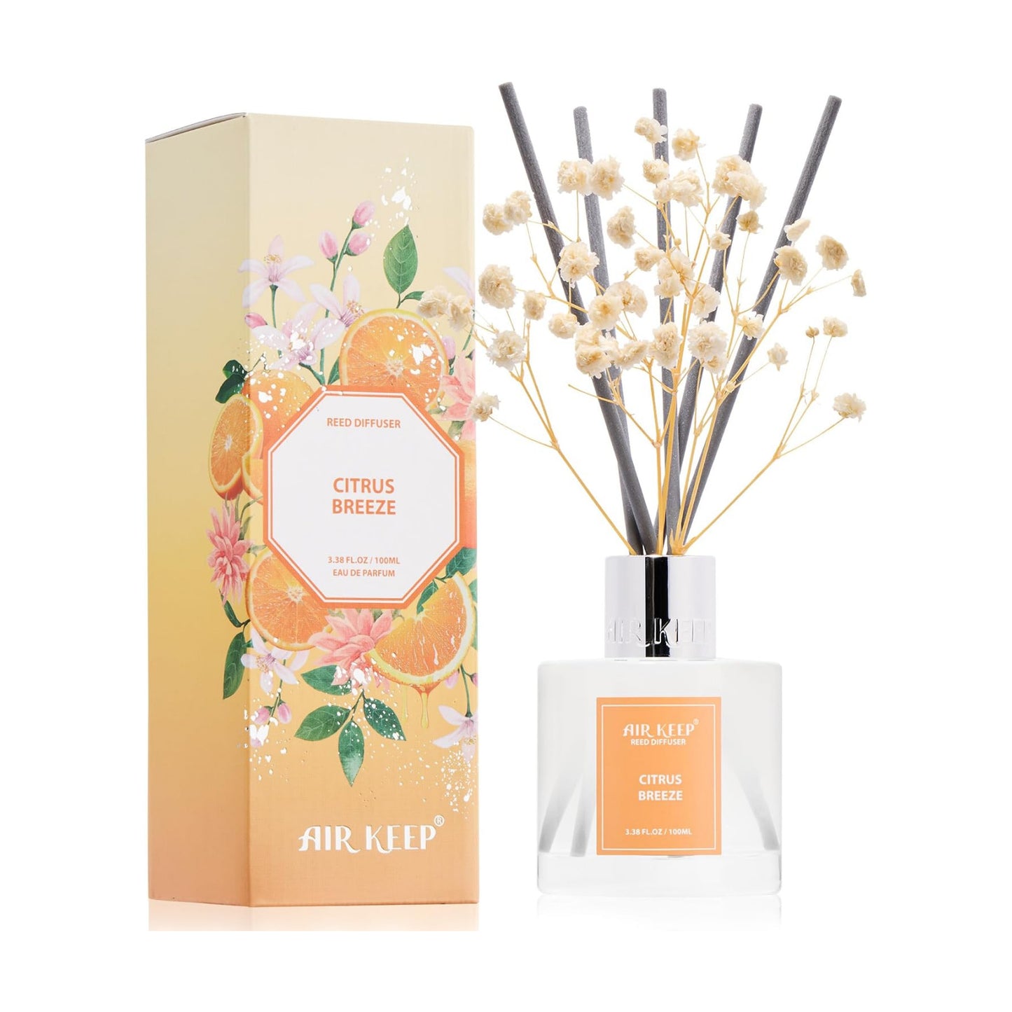 Airkeep Reed Diffuser Set,3.38 fl oz (100 ml) - Citrus Breeze Oil Diffusers with 8 Reed Sticks, Home Fragrance Reed