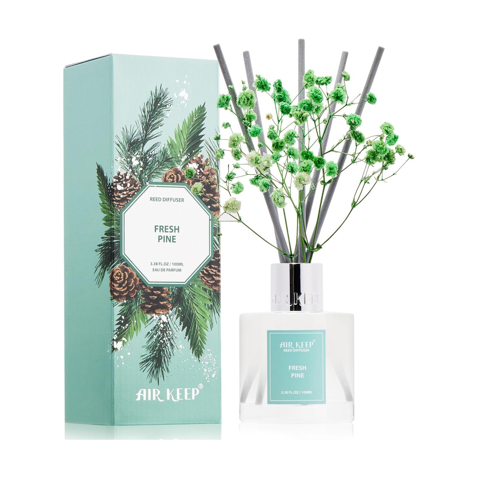 Airkeep Reed Diffuser Set,3.38 fl oz (100 ml) - Fresh Pine Oil Diffusers with 8 Reed Sticks, Home Fragrance Reed