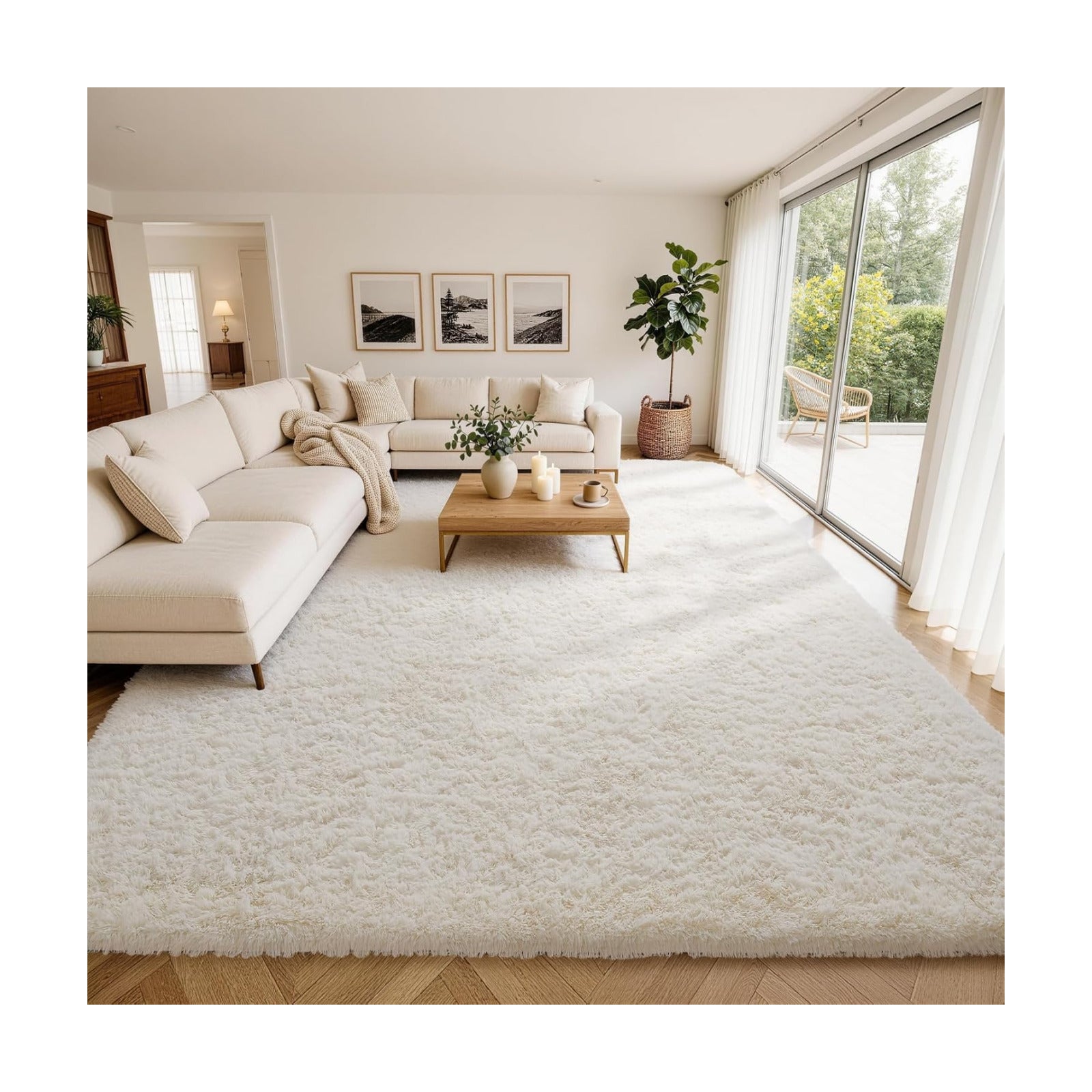 Ophanie Area Rugs 10x14 Living Room, Large Ivory Bedroom Carpet, Big Shag Indoor Thick Soft Nursery Rug, Fluffy Carpets