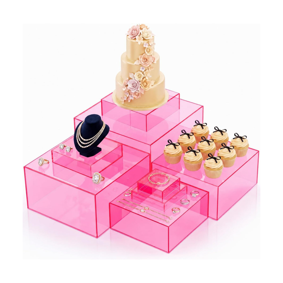 8 Pack Acrylic Buffet Display Risers for Food Jewelry,Pink,Flat | 3-10 Inch Cube Boxes with Hollow Bottoms, Clear