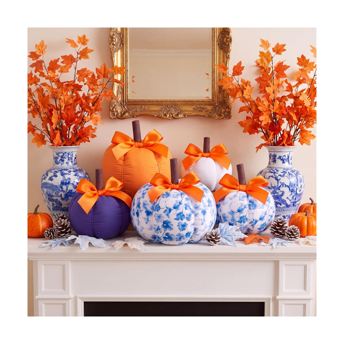 Amyhill 5 Pcs Chinoiserie Fall Pumpkins Decor, Blue White Orange Pumpkins