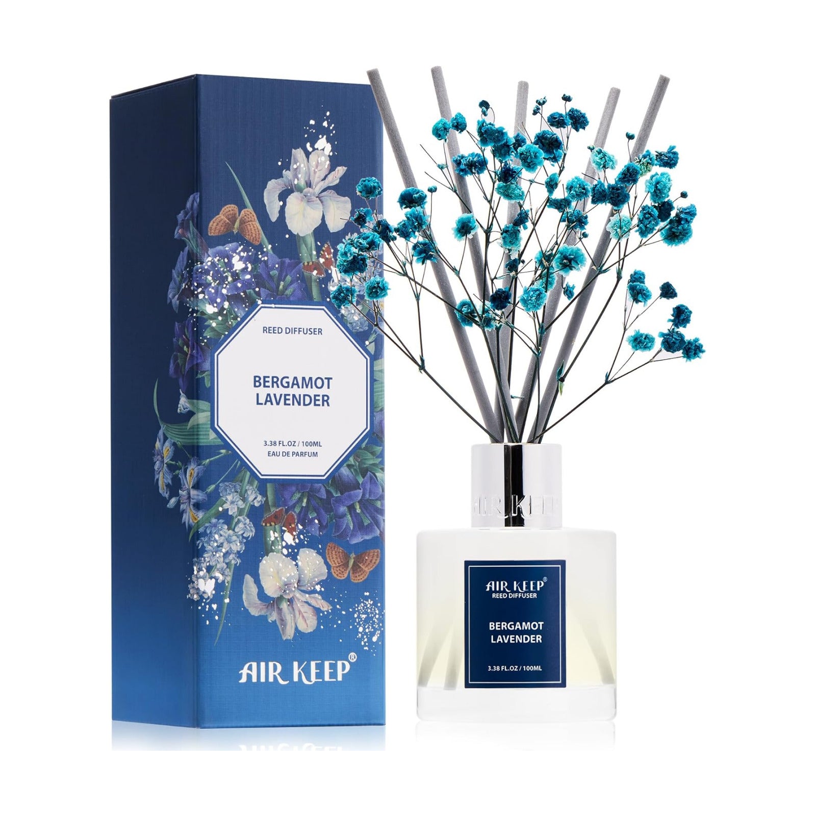 Airkeep Reed Diffuser Set,3.38 fl oz (100 ml) - Bergamot Lavender Oil Diffusers with 8 Reed Sticks, Home Fragrance Reed