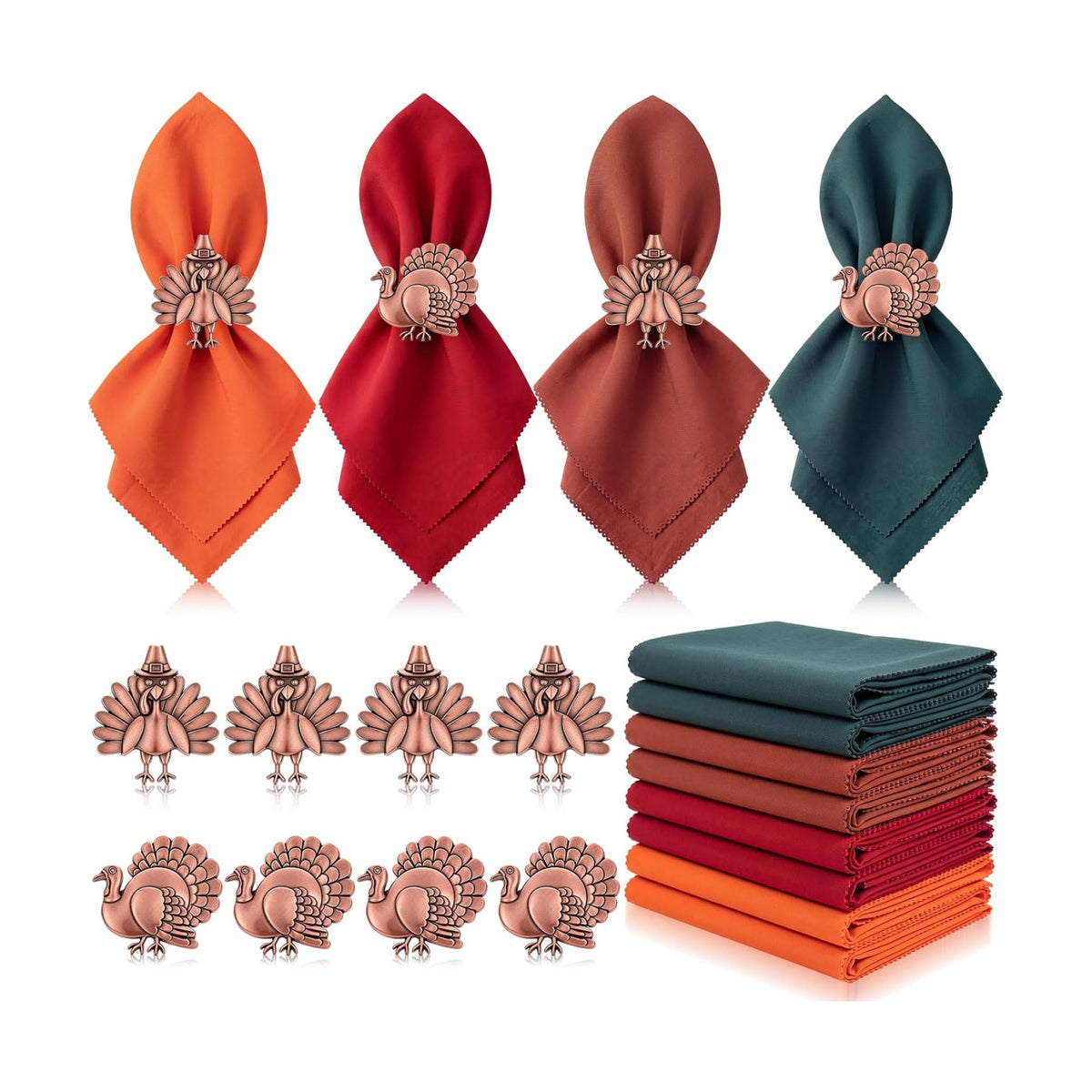 EBoot 16 Pcs Fall Thanksgiving Napkin Ring Set, Cute Turkey, Metal