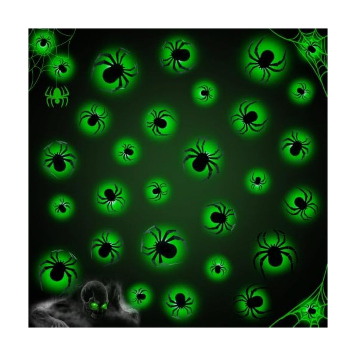 36 PCS LED Green Lighted 3D Spiders Halloween Decoration, 4 Sizes Shapes