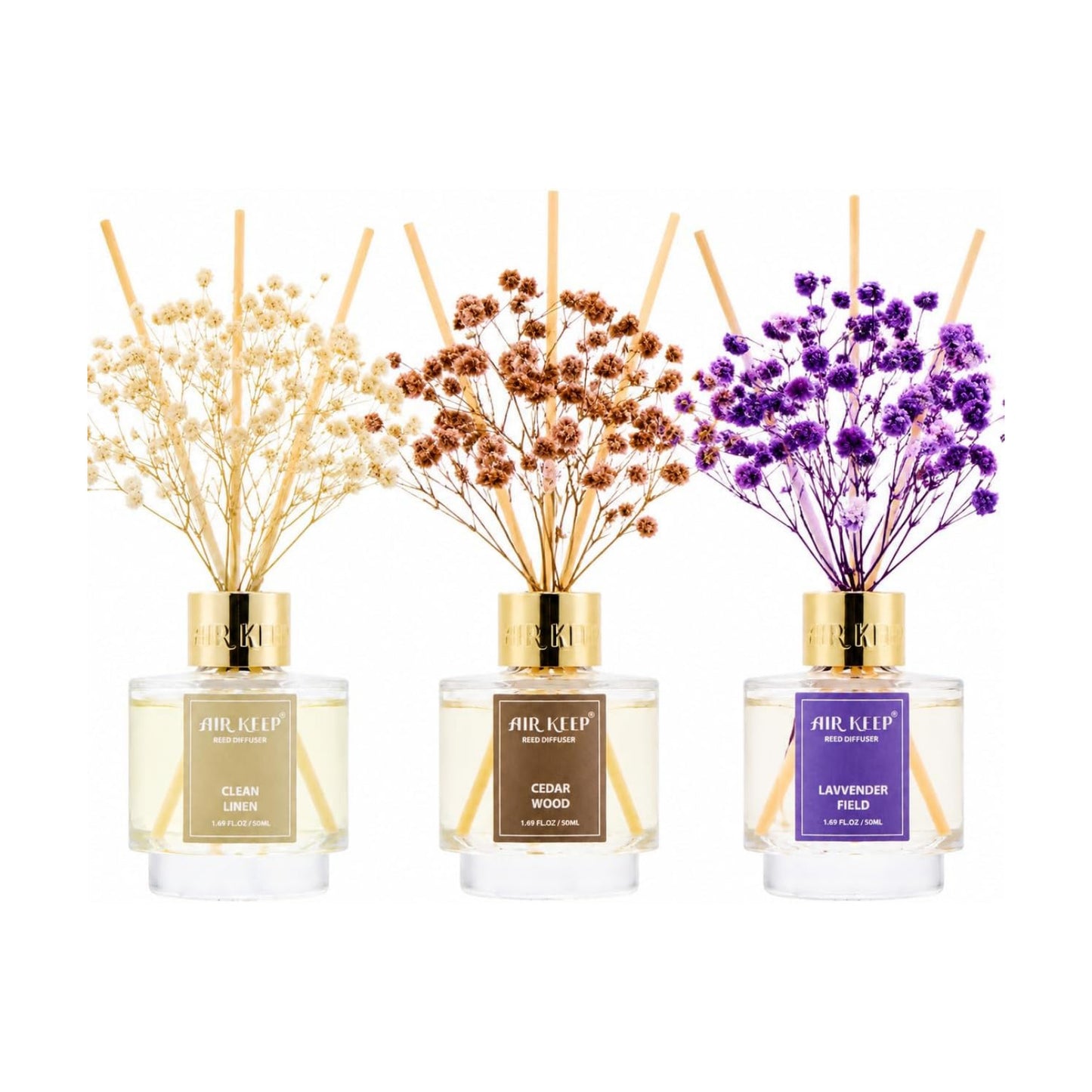Airkeep Reed Diffuser Set of 3,Clean Linen Lavender Field Cedar Wood Oil Reed Diffusers for Bedroom Living Room Office