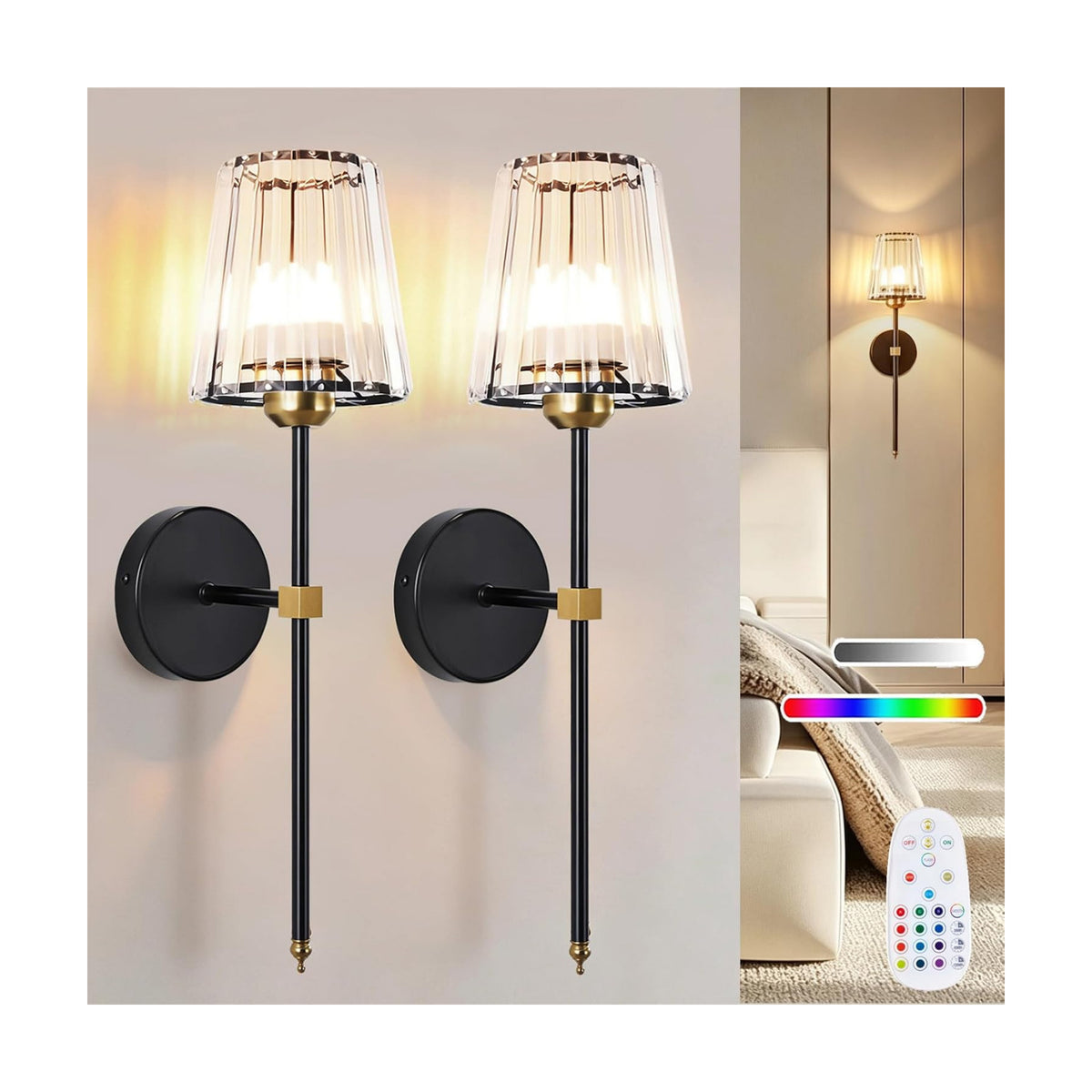 Battery Operated Wall Sconce Set of 2, Black Gold Rechargeable Wall Sconce with Crystal Lampshade, 5200mAh Wireless RGB