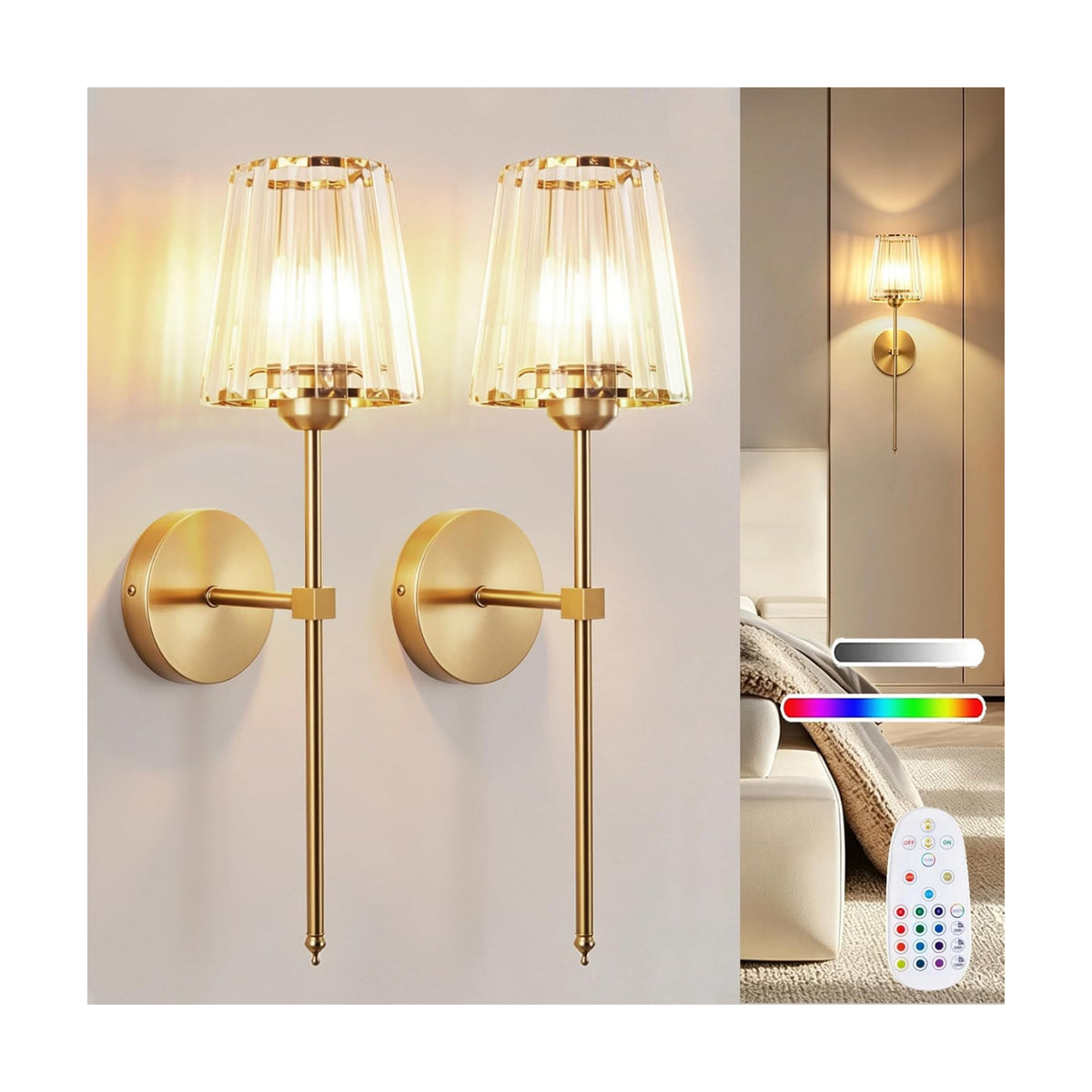 Wall Sconces Battery Operated Set of 2, Rechargeable Wall Sconce with Crystal Lampshade, Gold 5200mAh Wireless Wall