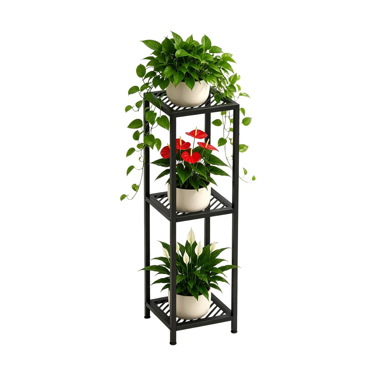 TOSKING Tall 3-Tier Heavy Duty Metal Plant Stand,12"x12"x42" ,Black | Indoor/Outdoor Corner Shelf, 300 LBS, 2 Height