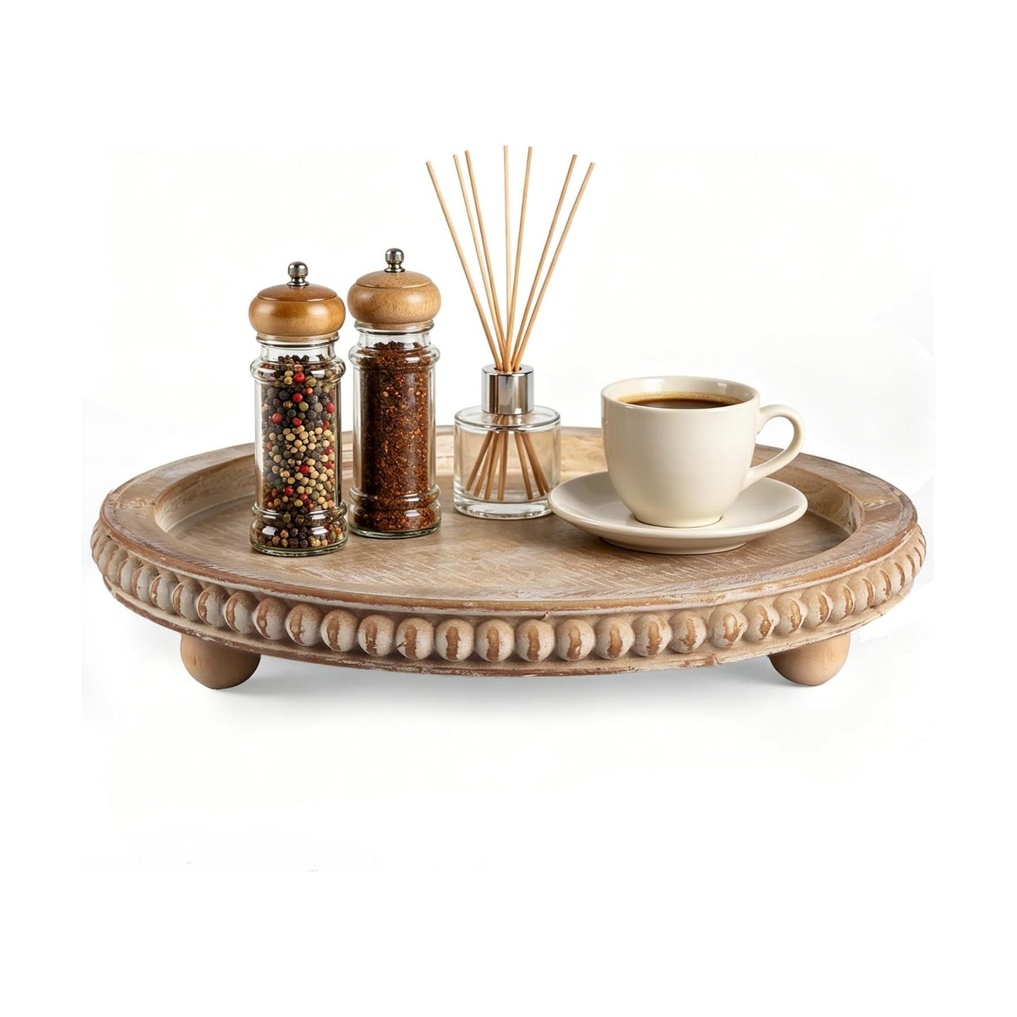 Natural Wood Beaded Tray / Brown / Round
