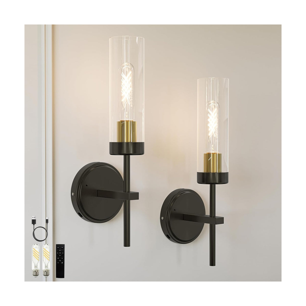 Black Gold Battery Operated Wall Sconce Set of 2, Wireless Wall Sconces with Remote, Rechargeable 3000K Dimmable Wall