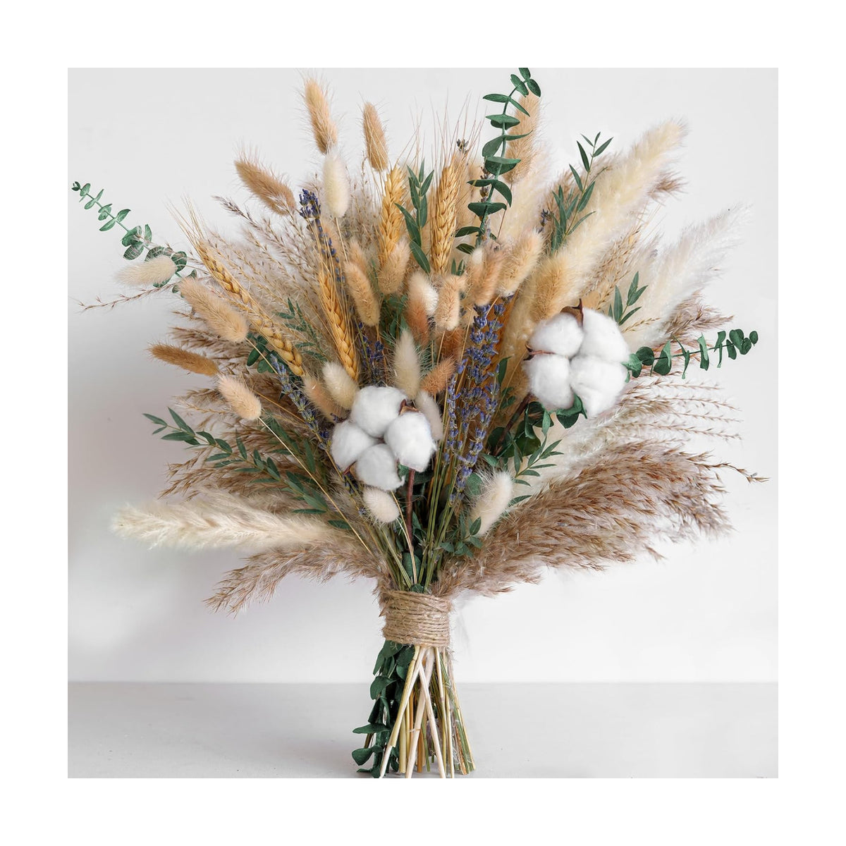 Green Dried Flower Bouquet, 10 Varieties Pampas Grass with Eucalyptus, Lavender, Cotton, Wheat & Bunny Tails, Natural Dried Flowers for Vase, Boho Farmhouse Wedding Home Decor