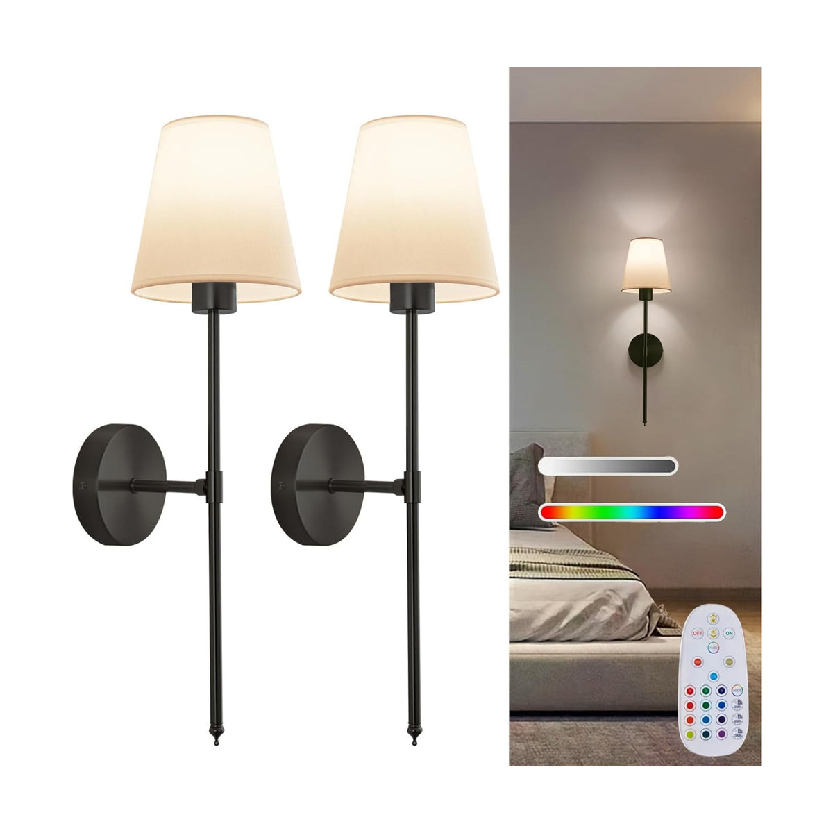 Wall sconces Set of Two Battery Operated – Rechargeable Wireless Wall Lights with Remote, 15 Colors & Dimmable