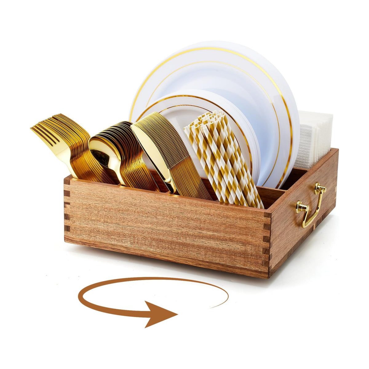 Rotating Acacia Wood Utensil Caddy with Handles, 7 Compartments for Paper Plates, Silverware and Straws, Perfect for