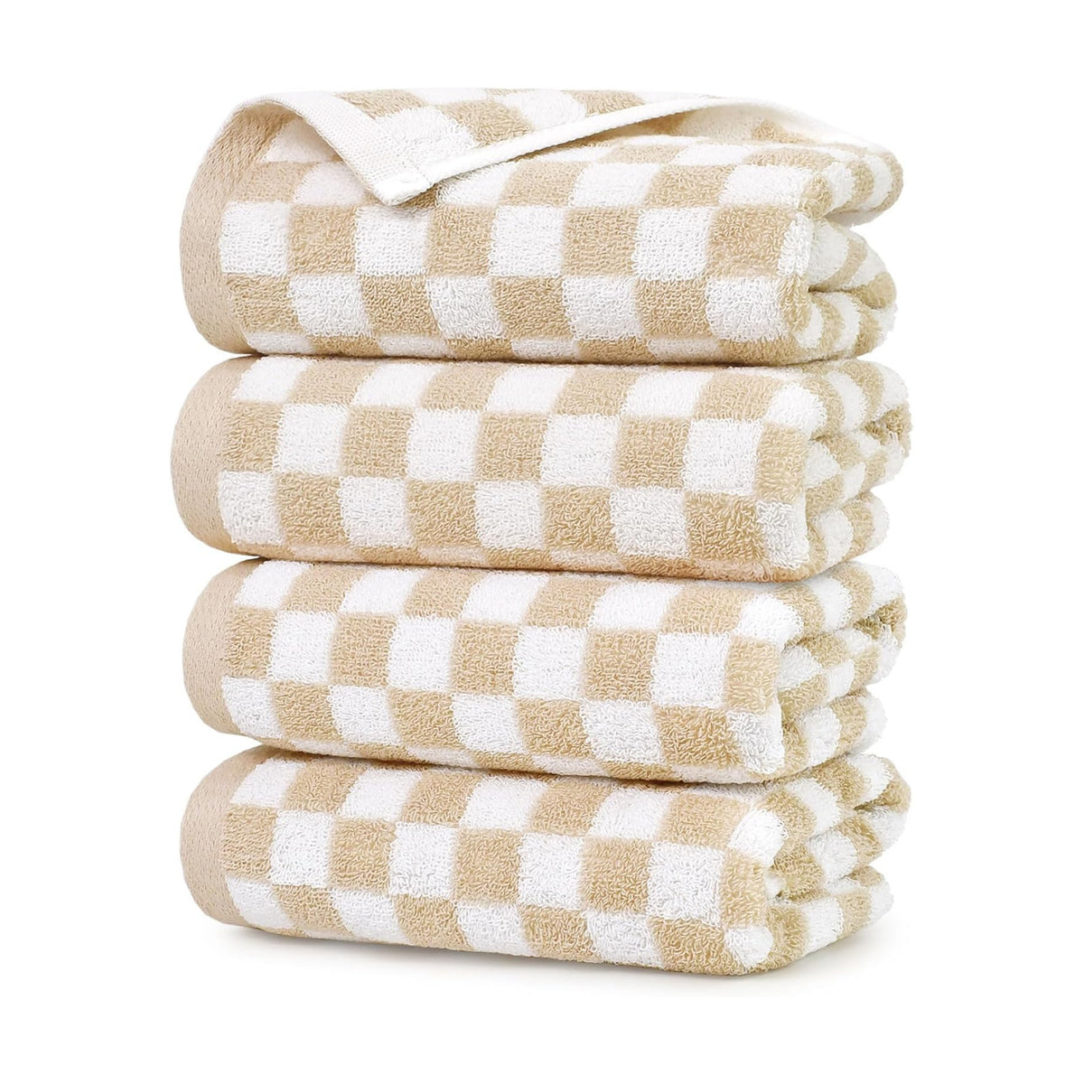 Jacquotha Beige Checkered Hand Towels - Set of 4, Cotton, 13"x29" | Soft & Absorbent, Aesthetic Cute Bathroom Kitchen